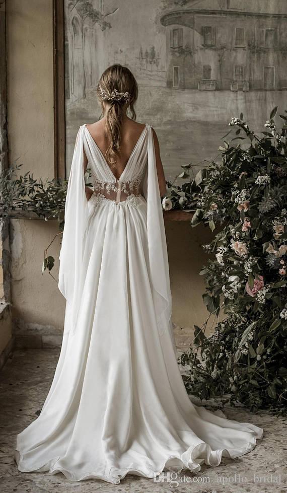 Beach A Line Wedding Dresses Boho V Neck Chiffon Sweep Train Backless Lace Applique Chiffon Backless Plus Size Wedding Dress Bridal Gowns