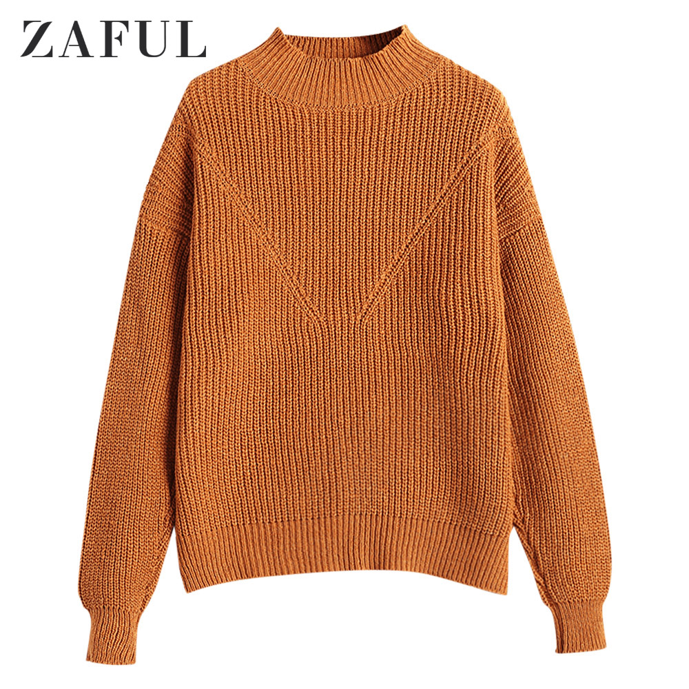 ZAFUL Solid Color Drop Shoulder Knitted Pullover Sweater Casual Cotton Sweater Round Collar Elastic Female Sweaters Daily Outfit