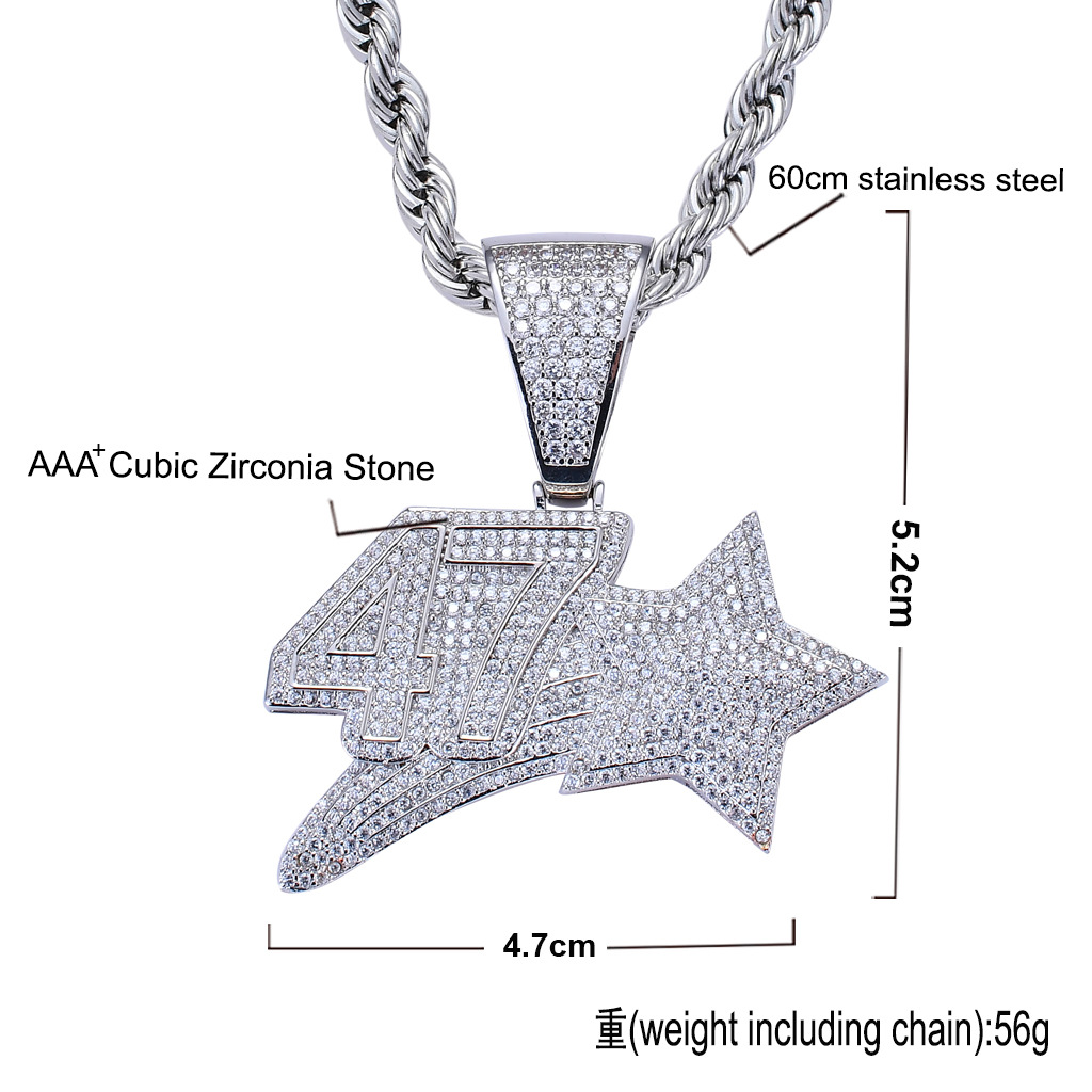 New Style 18K Gold Plated Full CZ Cubic Zirconia Number 47 Star Pendant Necklace Twist Chain Hip Hop Punk Rock Jewelry Gifts for Men & Women