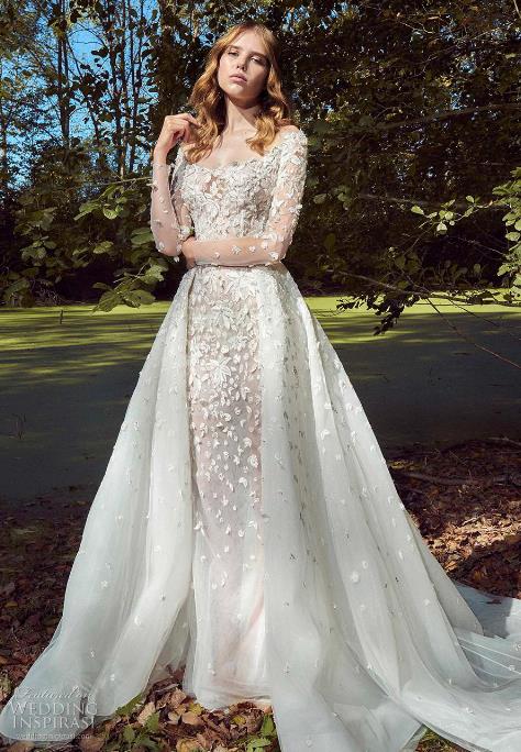 Zuhair Murad Wedding Dresses 2019 With Overskirts Long Sleeves Lace Bridal Gowns Scoop Neck Sweep Train Plus Size Wedding Dress Custom