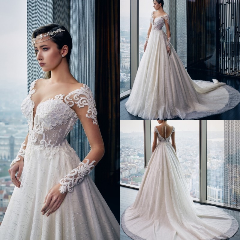 2019 Luxury Beading Wedding Dresses Lace Appliqued Long Sleeve Appliqued Bridal Gowns Boho Tulle A Line Wedding Dress Robe De Mariéee