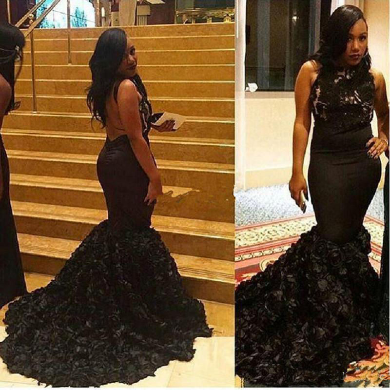 2019 Sexy Black Mermaid Prom Dresses with Rose Flowers Skirt Party Dresses Backless Lace Evening Gowns South African Celebrity Gowns