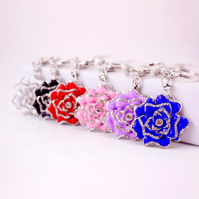 Peony Flower Pendant Key Chain Enamel Alloy Rhinestone Paved Bag Keychain Holder Beauty Floral Metal Car Keys Ring Charms Jewelry Gift Keyring Accesso