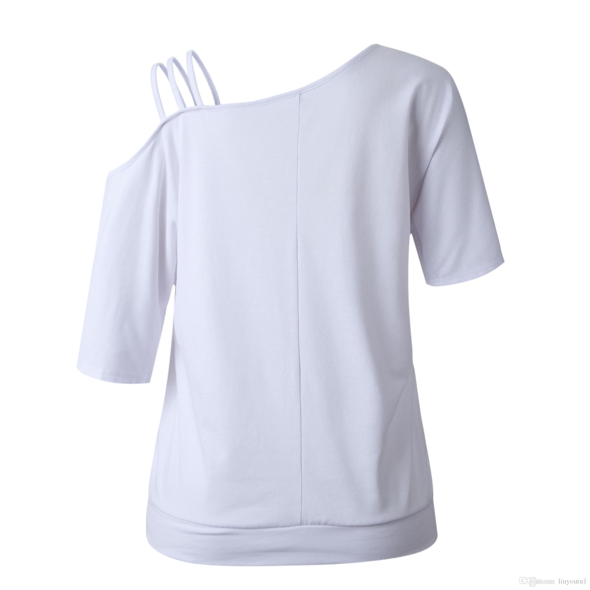 2020 Loose Casual Short T-Shirts Women One Shoulder Off Sexy Cotton T-Shirt Short Sleeve 2019 Summer New Solid Tops Fashion Clothings