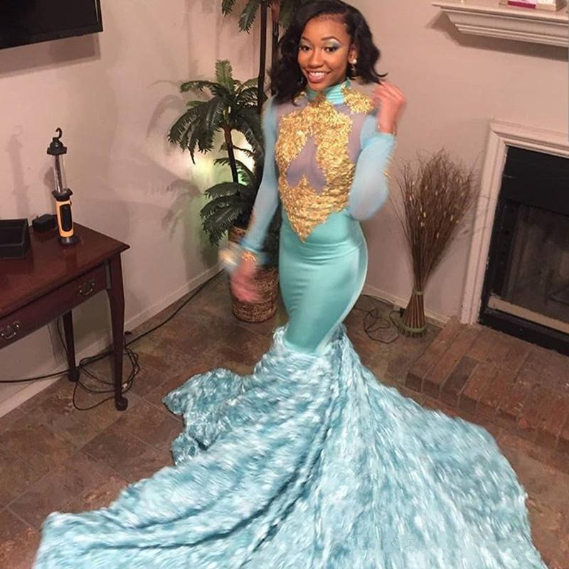2019 Mint Blue Mermaid Prom Dresses Gold Lace Appliques High Neck Long Sleeves african Evening Gowns 3D Floral Formal Party Dress