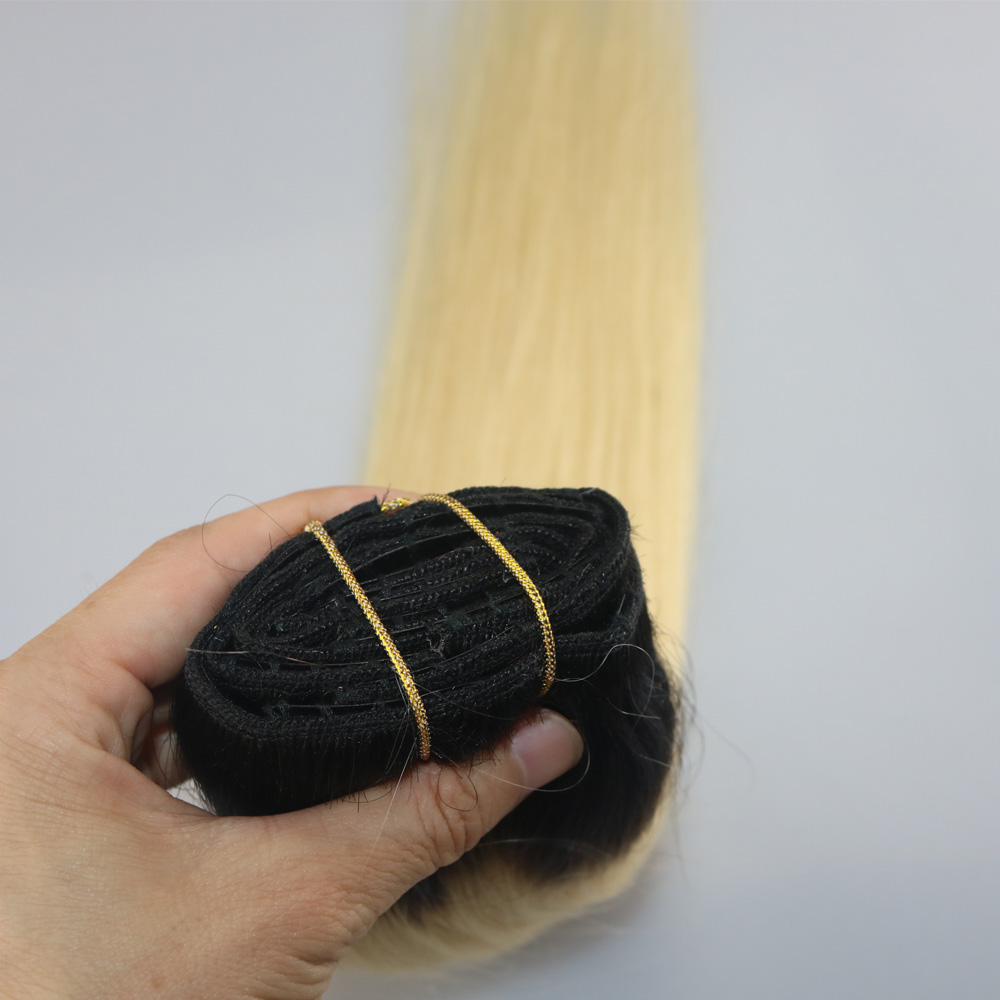 120g 7Pcs Human Hair Extensions T1b/613 Ombre Color Black To Russian Blonde Clip In Human Hair Extensions Highlights