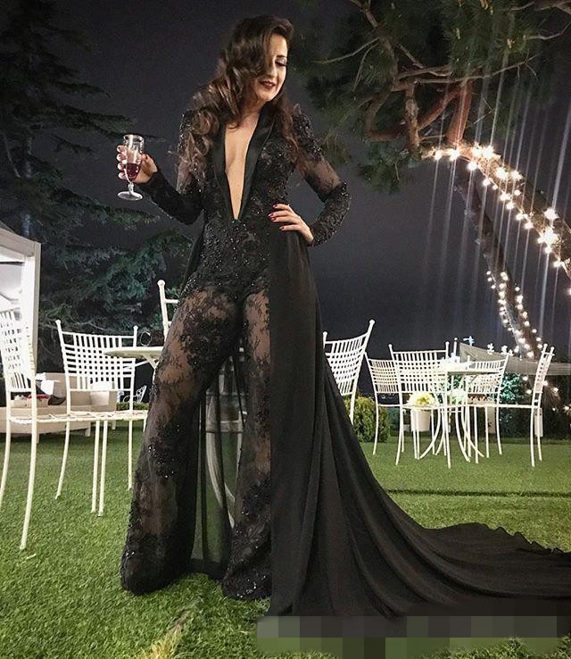 Sexy Black Jumpsuit Prom Dresses Plunging V Neck Long Sleeves Chiffon Train Lace Sequins Custom Made Celebrity Evening Party Gown