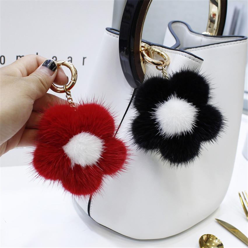 10cm Hot Real Mink Fur Ball Keychain For Handbag Car Key Ring Fashion New Mink Flower Pompom Pendant Real Fur Key Chains