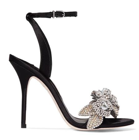Hot Sale-Chic Silk Satin Clear Crystal Wedding Shoes Bride Ankle Strap Rhinestone Women Sandals Flower High Stiletto Heel Summer Sandals