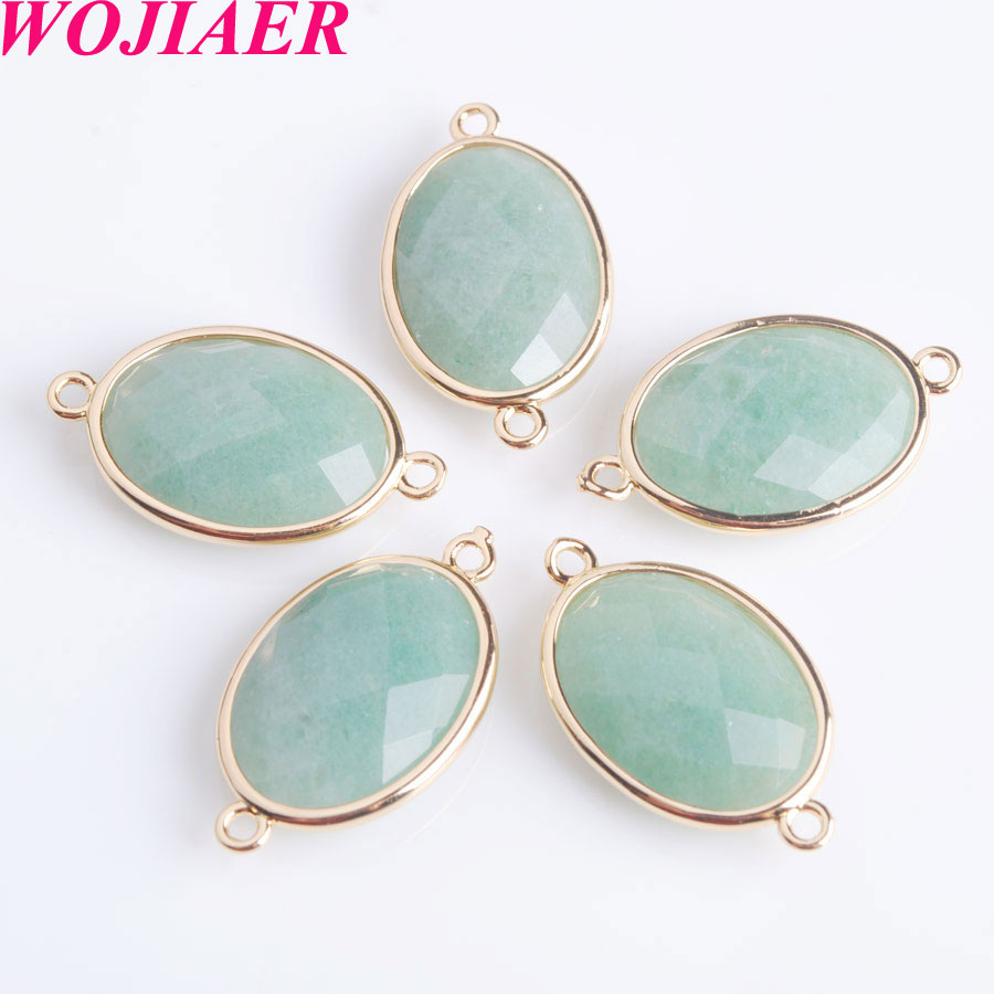 WOJIAER Oval Natural Facted Gem Stone Loose Beads Double Hole Pendant Connector for Female Necklaces Jewelry Making BZ903