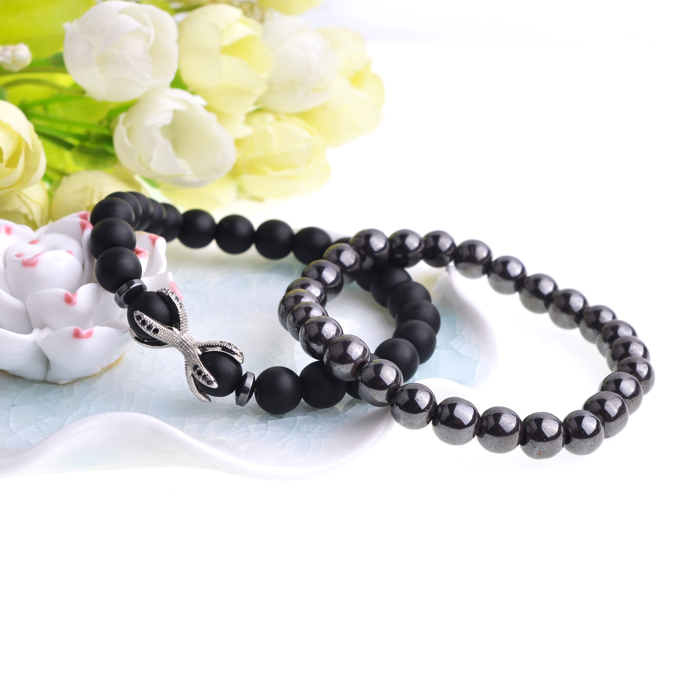 Matte black agate bracelet micro-inlaid zircon octagonal alloy bracelet men and women personality