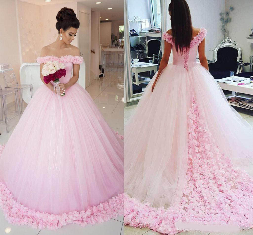 Ball Gown Quinceanera Pink Pleats Ruched Tulle Off the Shoulder Lace up Back Sweep Train Sweet 16 Dress Evening Gown With Bow Back