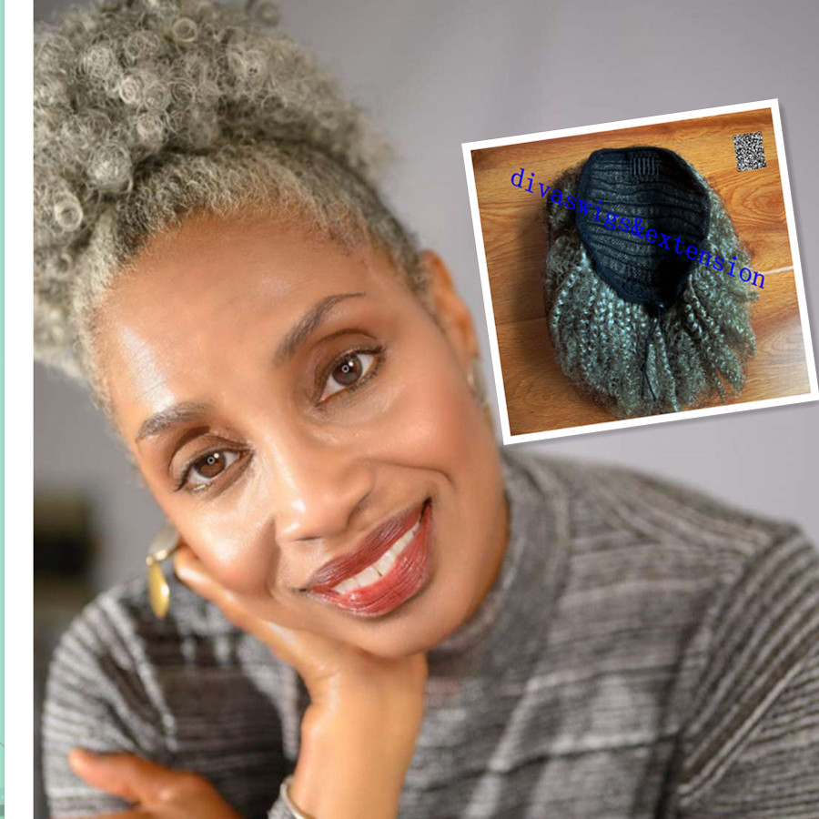Afro kinky curly grey puff women topper hairpiece human hair extension clip in silver grey salt and pepper natural hightlights two tone mix