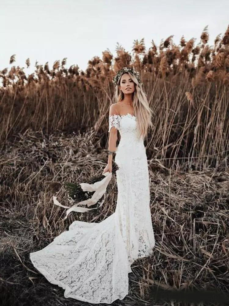 Elegant Boho Lace Wedding Dresses Country Style Off The Shoulder Short Sleeves Bridal Dresses Beach Wedding Gowns Sweep Train