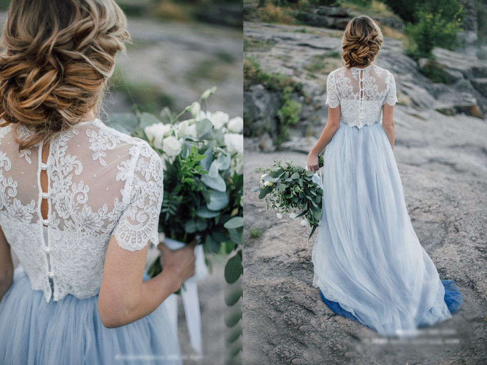 Elegant Dusty Blue Wedding Dress Tulle Bridal Gowns With Lace Tops Jacket Boho Wedding Dress Vestido de Noiva