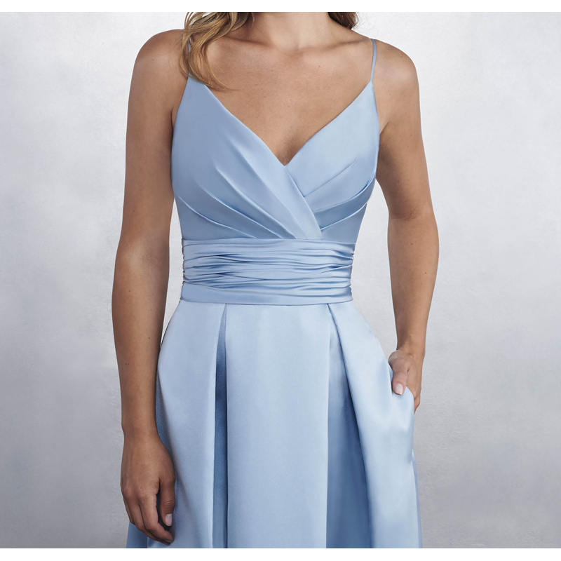 Light Sky Blue Bridesmaid Dress with Pockets Sexy Backless Floor Length Satin Bridesmaid Dresses Spaghetti Backless Long Party Gowns