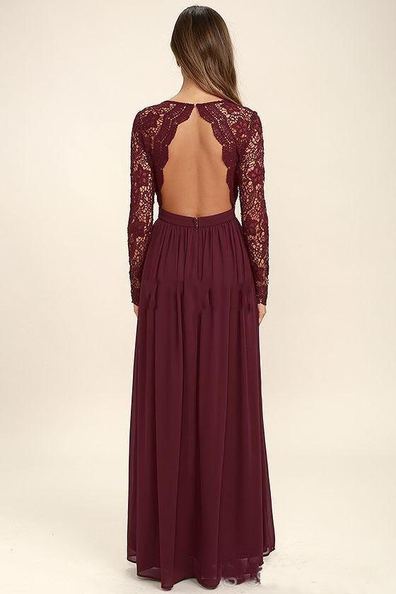 Dark Red Chiffon Bridesmaid Dresses Long Sleeves Country Style V-Neck Backless Long Beach Wedding Party Gowns