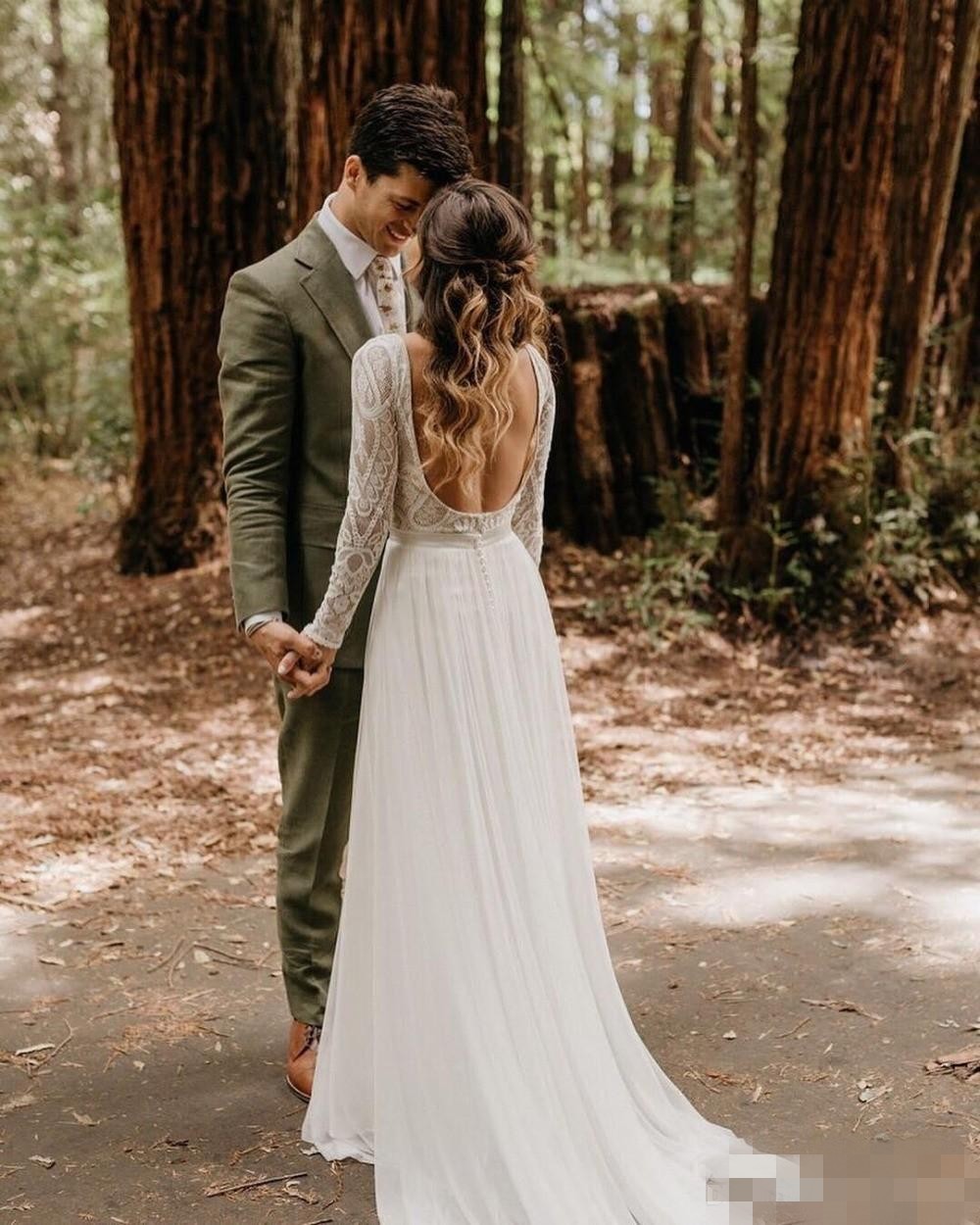 Boho Sexy Backless Dresses A Line Long Sleeves Scoop Neck Chiffon Sweep Train Country Beach Wedding Gown Vestido De Novia