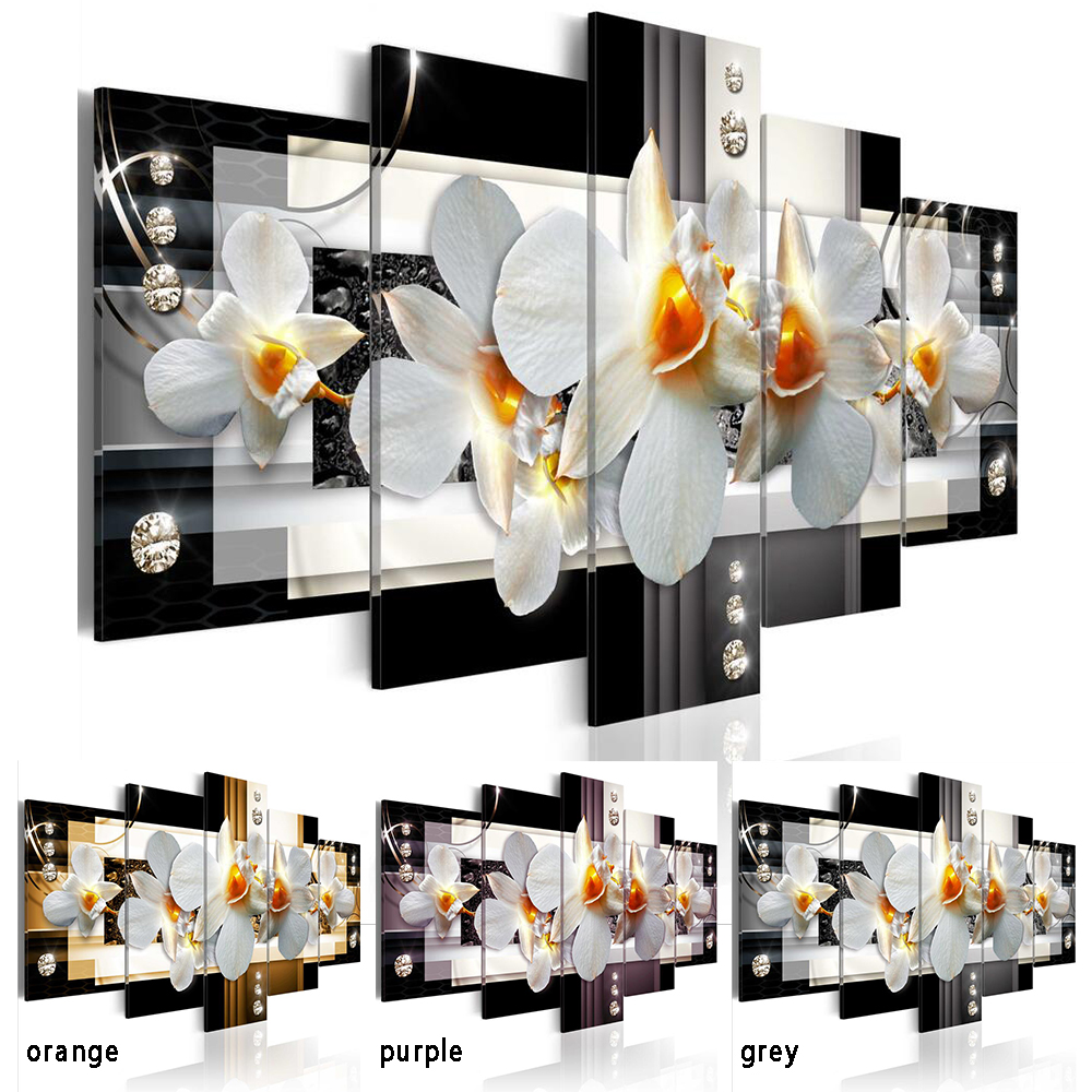 (No Frame)5PCS/Set Fashion Wall Art Canvas Painting Purple Orange Orchid Flower Modern Home Decoration,Choose Color And Size