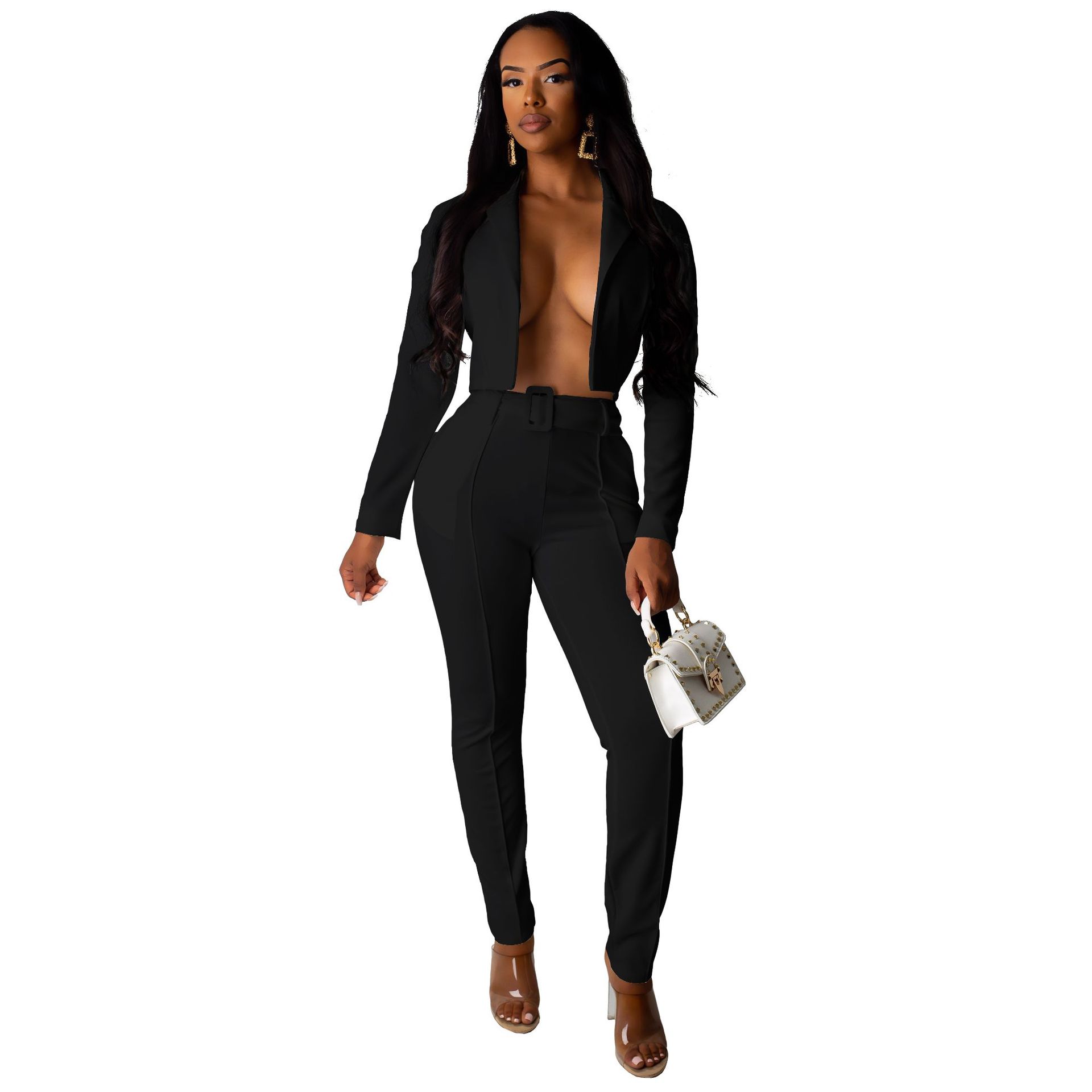 Spot trend Pants European spring and autumn casual Street temperament long sleeve solid color suit