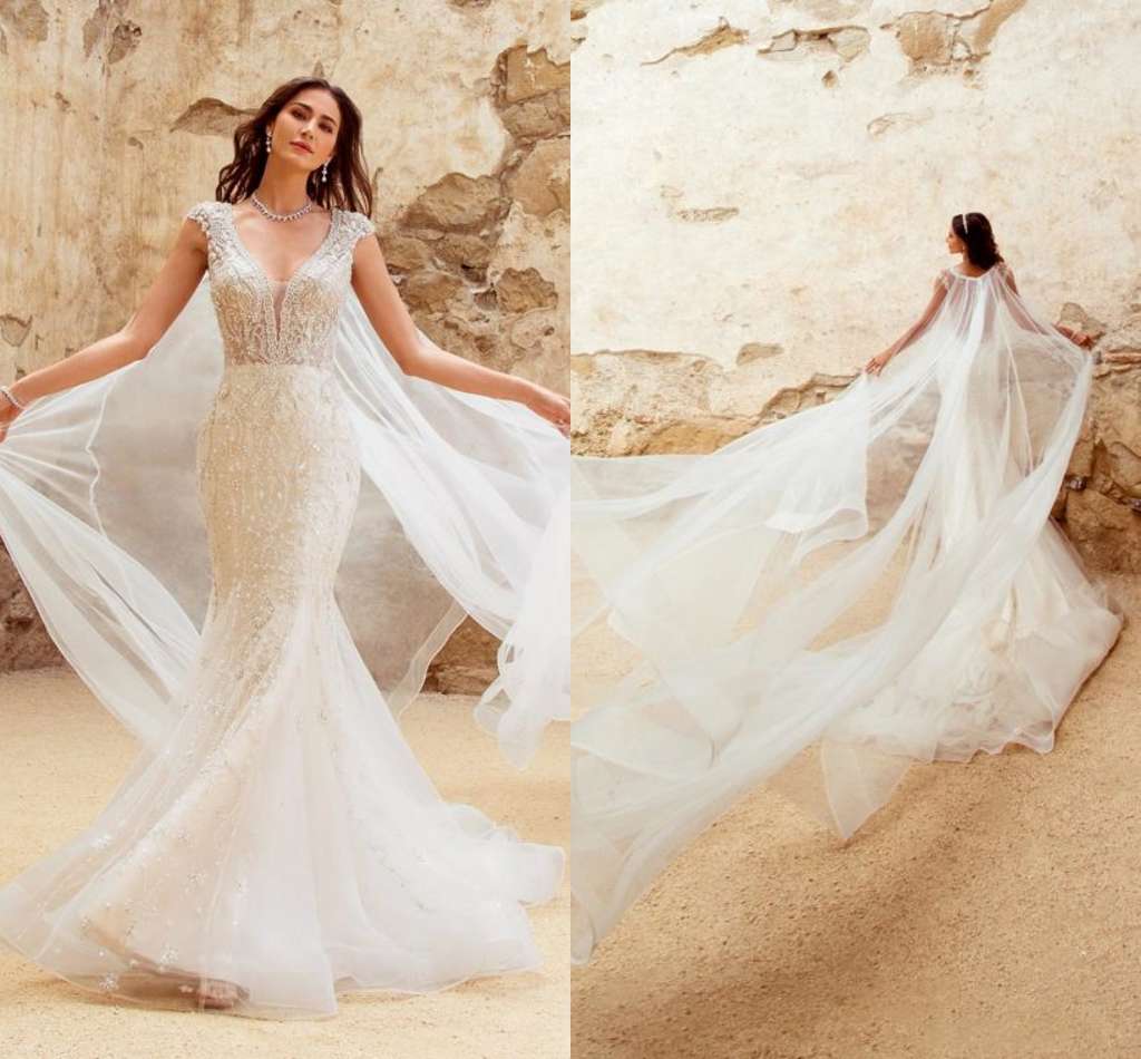 Kitty Chen 2019 Mermaid Wedding Dresses With Cape Beading V Neck Lace Appliqued Beach Bridal Gowns Cap Sleeve Sweep Train Wedding Dress