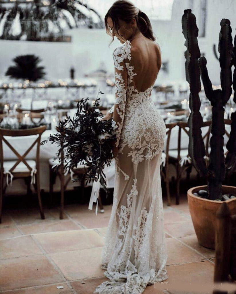 2020 New Beach Long Sleeves Sheer Mermaid Wedding Dresses Crew Neck Open Back Applique Lace Plus Size Bohemian Bridal Gowns