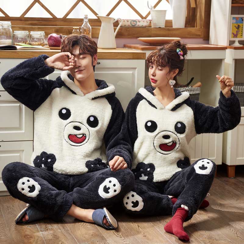 Men's Sleepwear Unisex Adult Couple Pajamas Men Winter Velvet 2 Pieces Warm Flannel Pajama Set Animal Cartoon Cute Hooded Home Clothes