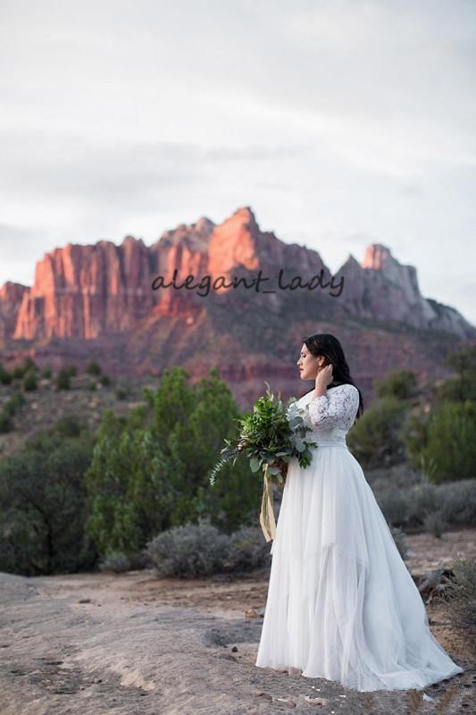 Plus Size Bohemian Wedding Dresses with 3/4 Long Sleeve 2019 Vintage Lace Tulle full Length Country Garden Bridal Gowns Wedding Dress