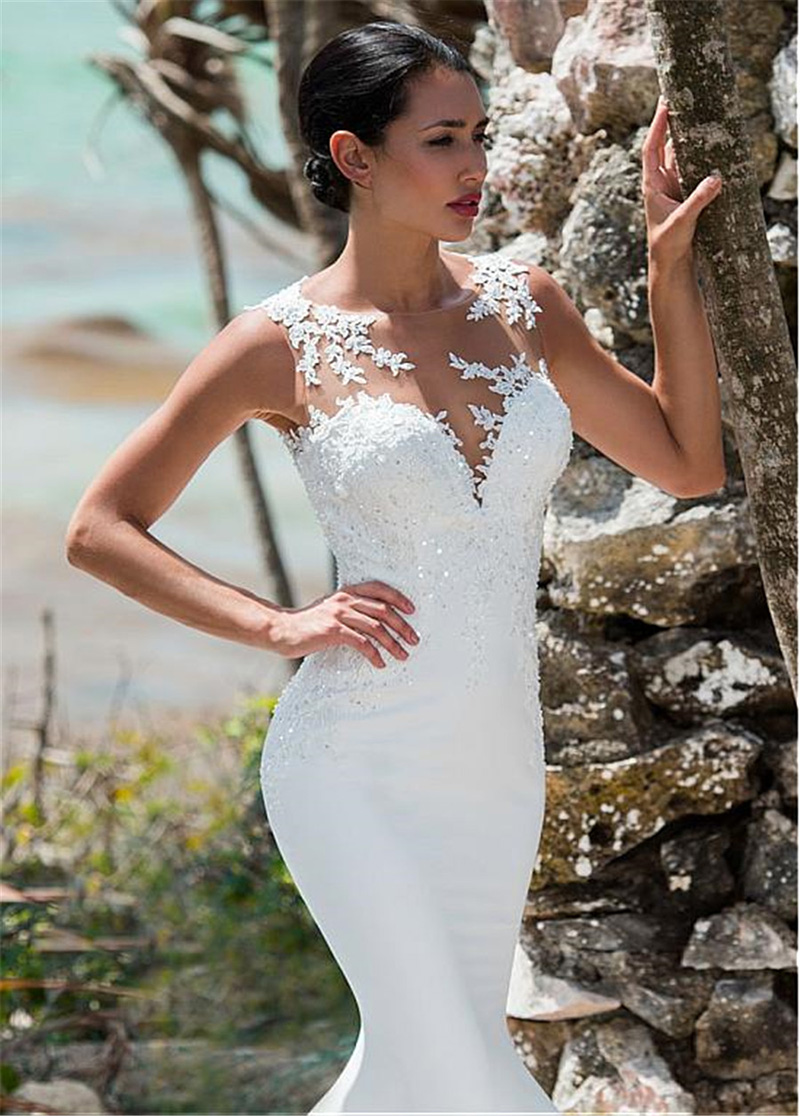Mermaid Attractive Sequined Backless Wedding Dresses Sheer Bateau Neck Lace Appliqued Bridal Gowns Trumpet Plus Size Robe De Marie