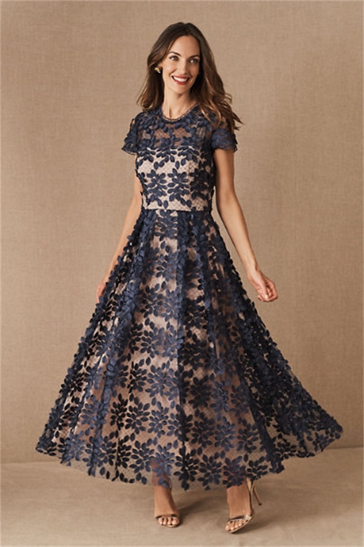 Dark Navy 2020 BHLDN Mother Of The Bridal Dresses Jewel Neck Short Sleeve Lace Mothers Formal Wear Plus Size Wedding Guest Dress