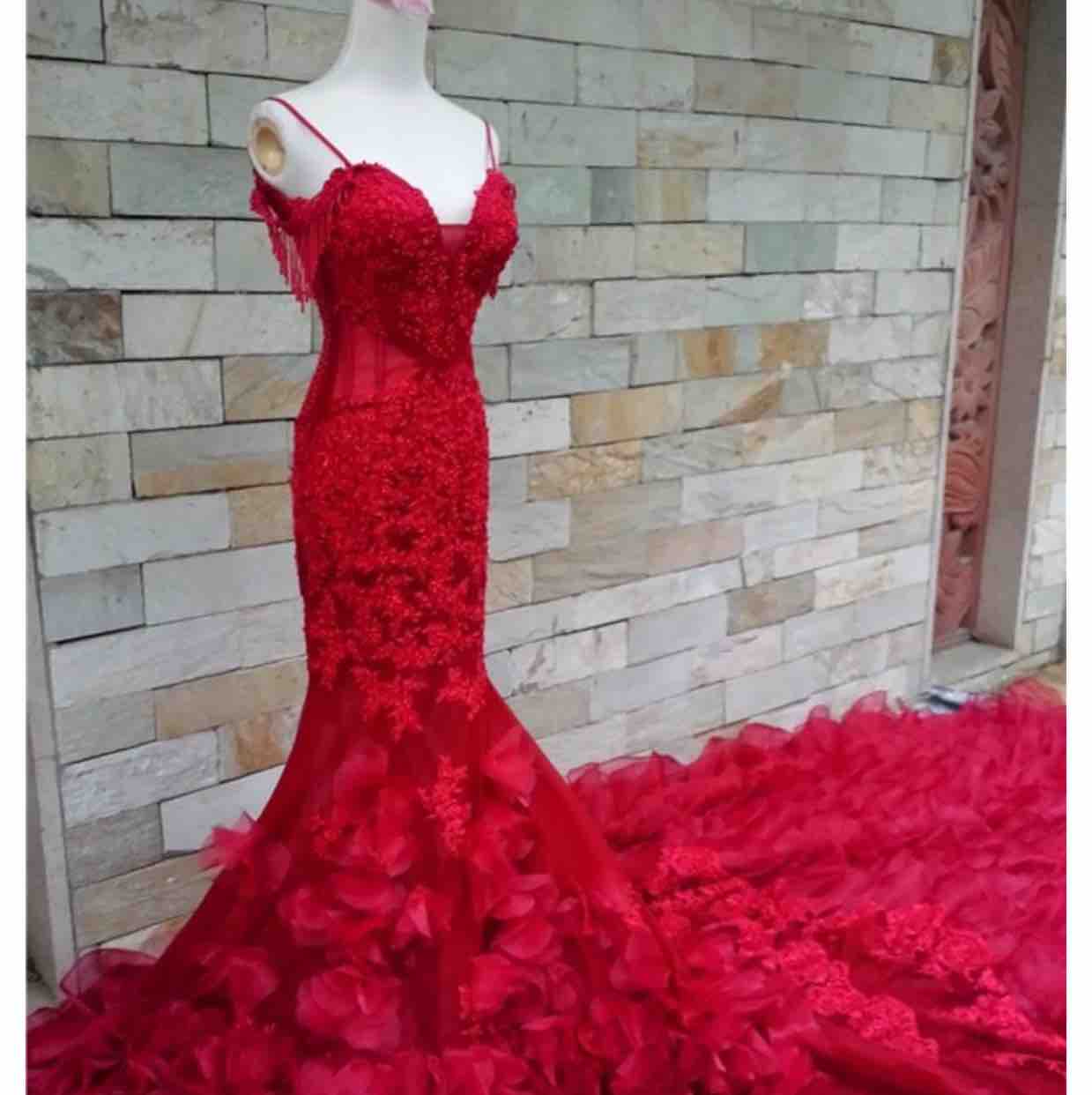 Red Evening Dresses Spaghetti Lace Appliques Pearls Tassel ral wers Gorgeous Prom Dress Custom Made Formal Party Gowns