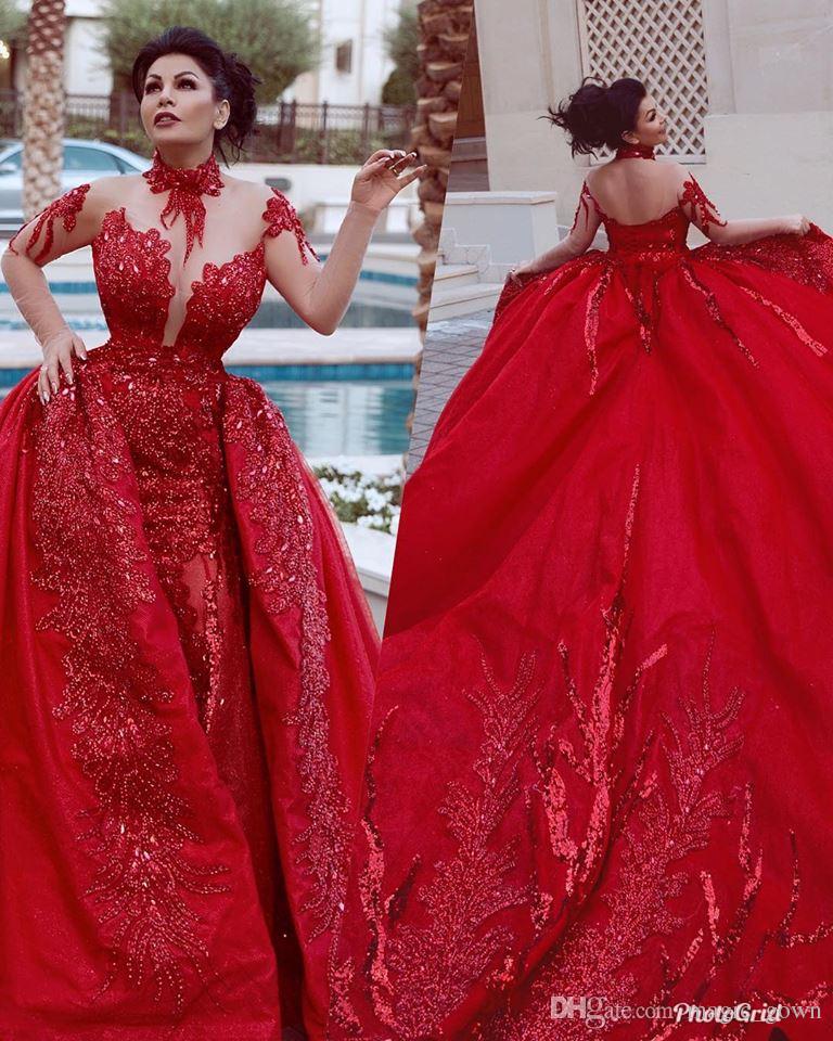 Said Mhamad Mermaid Prom Dresses with Detachable Train Lace Applique Major Beads Long Illusion Sleeve Formal Dresses Plus Size Evening Gowns