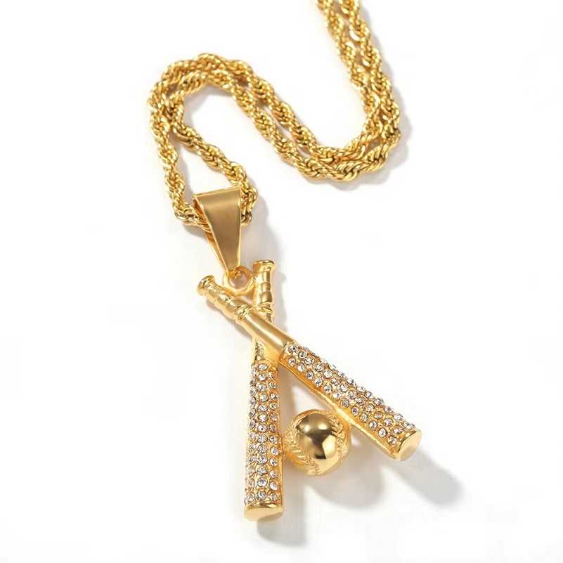 ied out Baseball bat pendant necklaces for men luxury designer mens bling diamond player pendants stainless steel hip hop jewelry