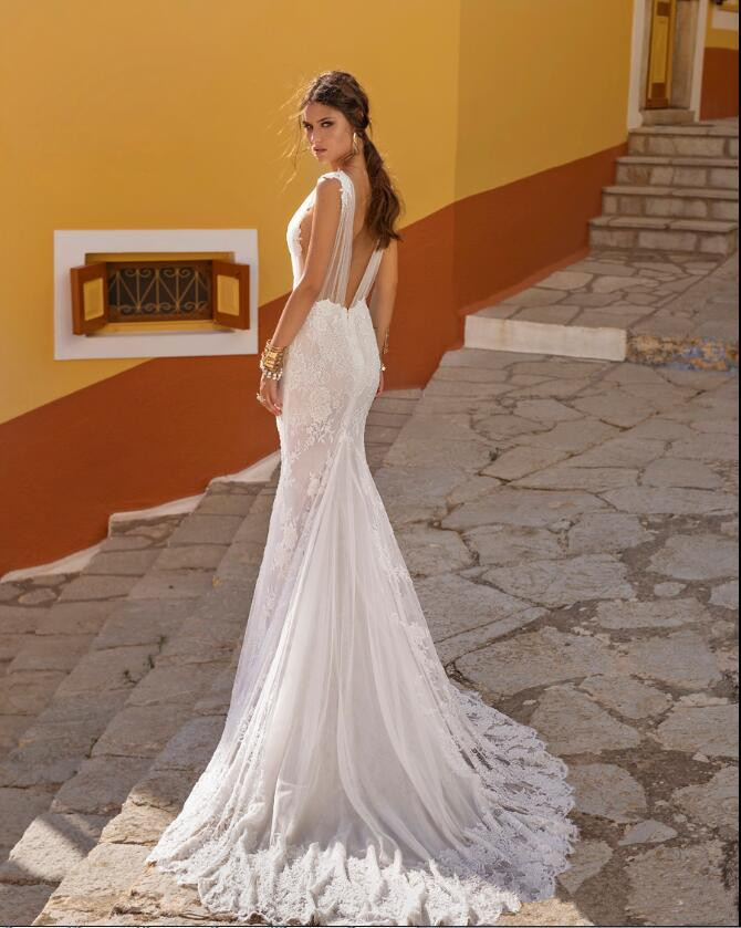 Rokman Lian Mermaid Dresses Sexy V Neck Lace Appliqued Beach Boho Wedding Dress Bridal Gowns Cheap Robe De Marie