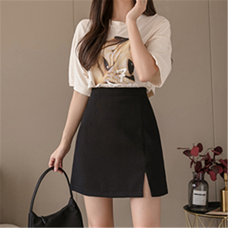 Office Skirts Retro Solid Simple Style Split High Waist A-Line Female All Match Women Summer Fashion Casual 2020 New Mujer, Black