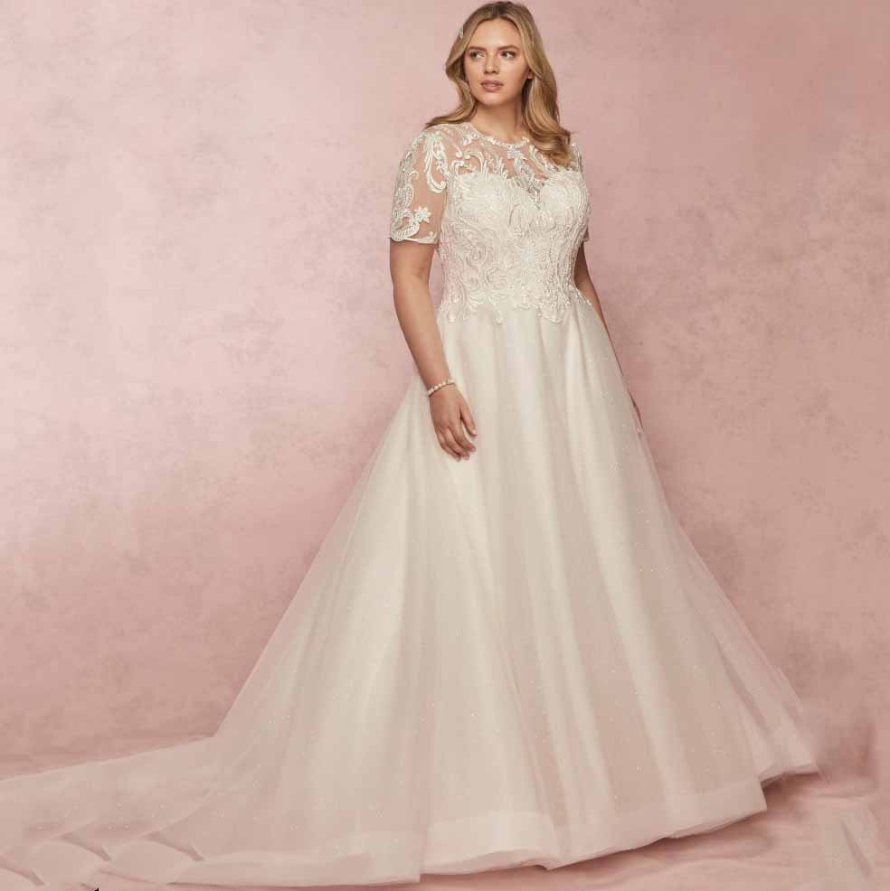 Size Stunning Plus Lace Wedding Dresses A Line Sheer Jewel Neck Bridal Gowns With Short Sleeves Sweep Train Tulle Robe De Marie