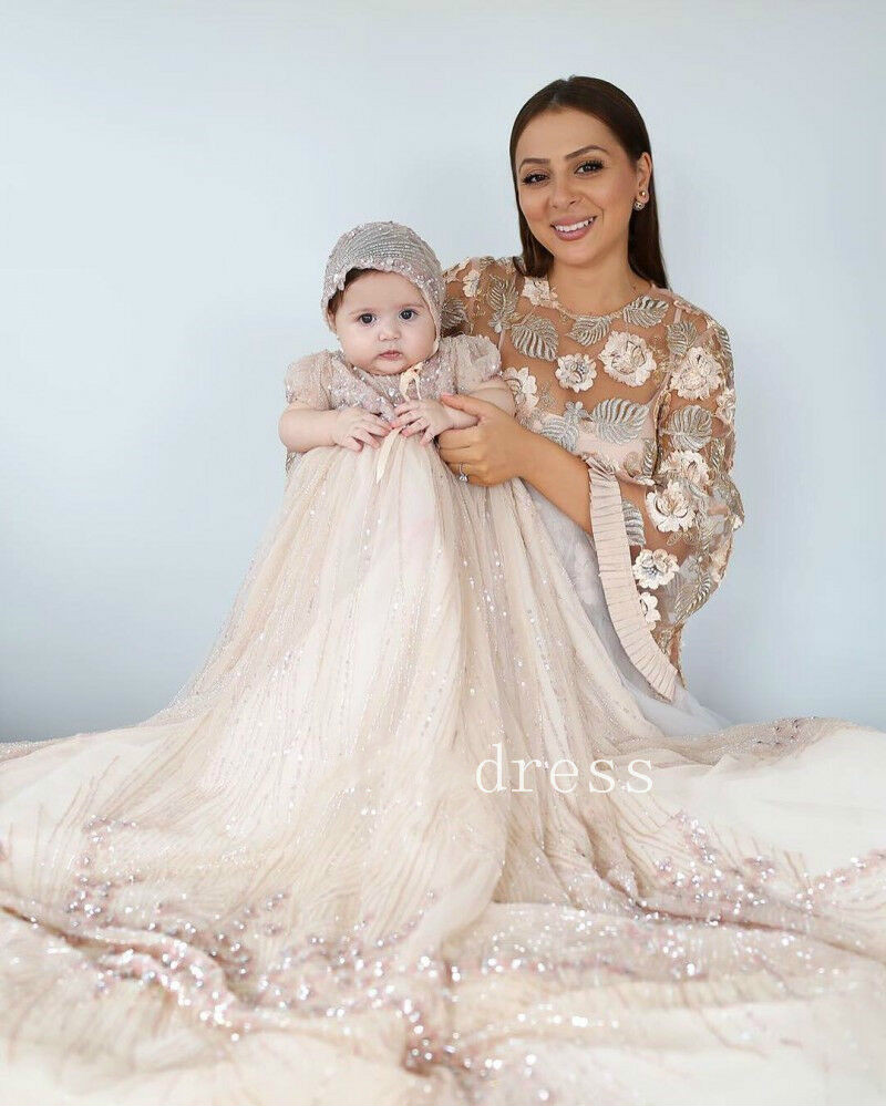 Short Sleeve Christening Dress For Baby Lace Appliqued Beads Baptism Dresses With Bonnet First Holy Communion Gown