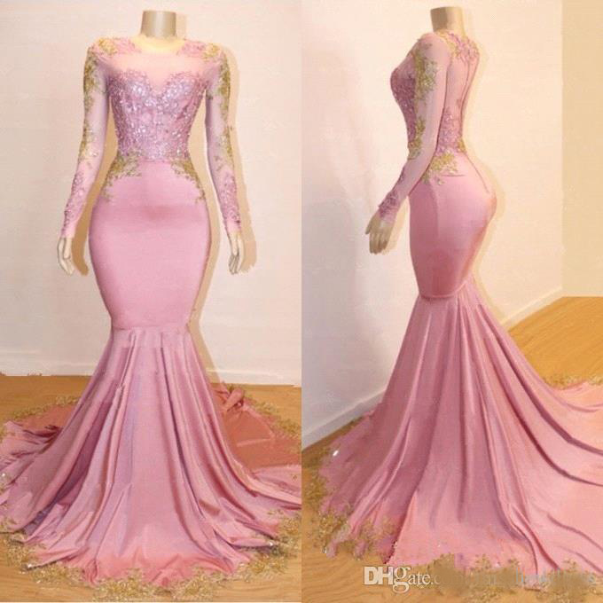 2020 New Sheer Long Sleeves Mermaid Long Prom Dresses Black Girls Gold Lace Applique Sweep Train Formal Party Evening Gowns