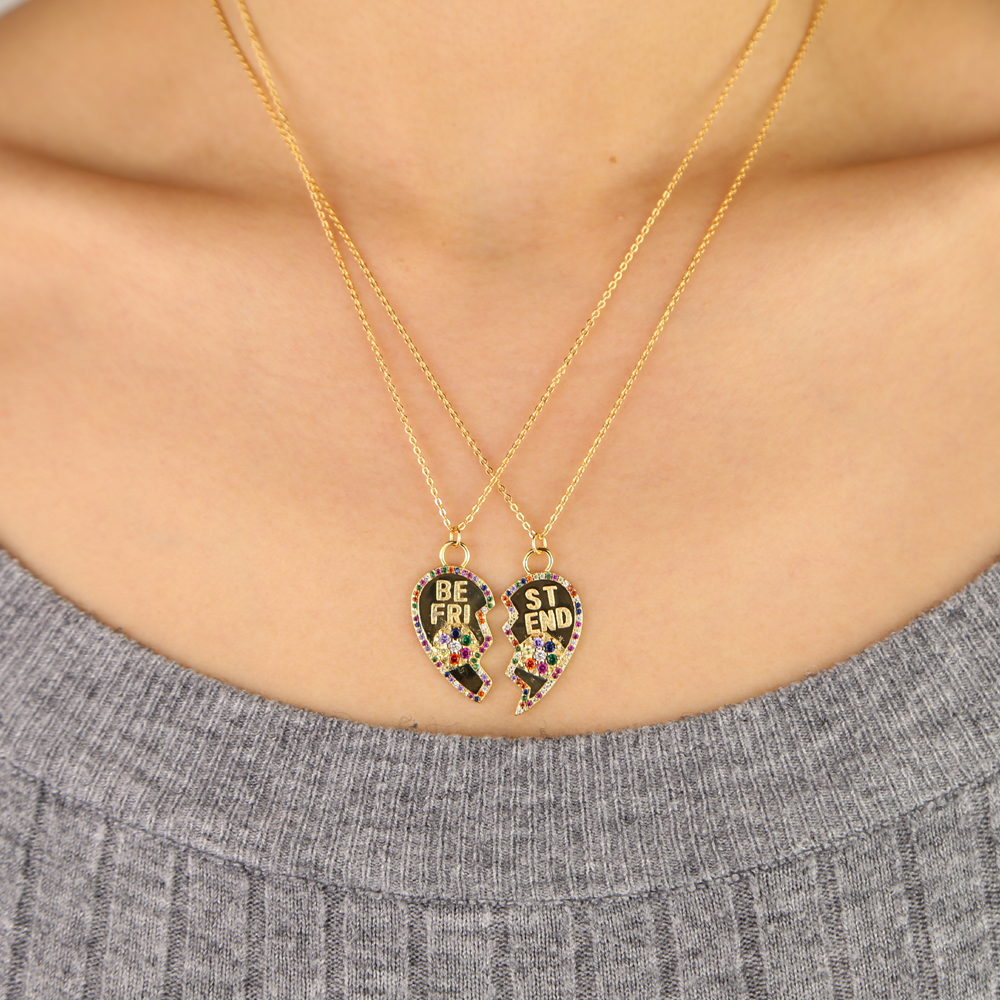 SET Brake Heart Gold plated fashion necklace best friend gift lover gift rainbow cz paved fashion jewelry