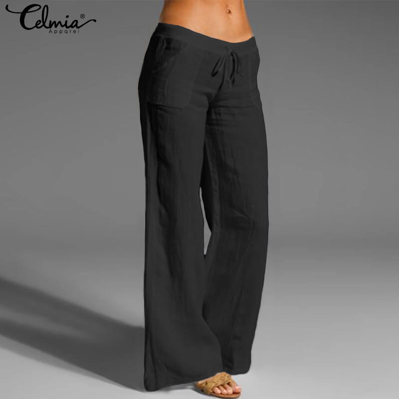 Celmia Women Vintage En Long Palazzo Fashion Wide Leg Pants Casual Elastic Waist Trouser Solid Loose Pantalon Femme Oversized B3
