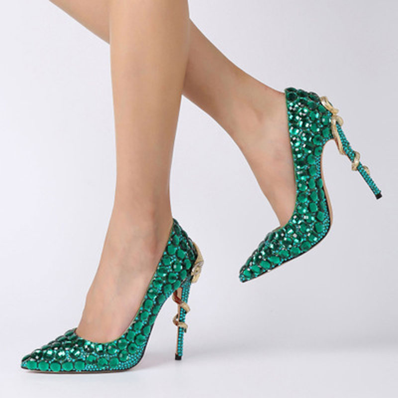 Hot Sale-Green Rhinestone snake heel dress shoes women unique genuine leather pointed toe high heels pumps chaussures femme wedding shoes