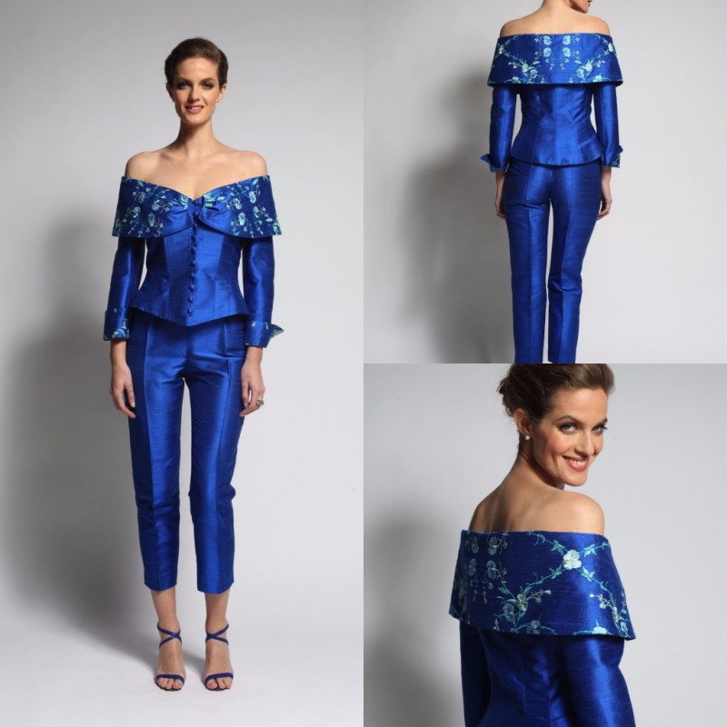 Royal Blue Pants Suit Mother Of The Bride Dresses Off The Shoulder Embroidery Long Sleeve Evening Gowns Two Pieces Wedding Guest Dresses