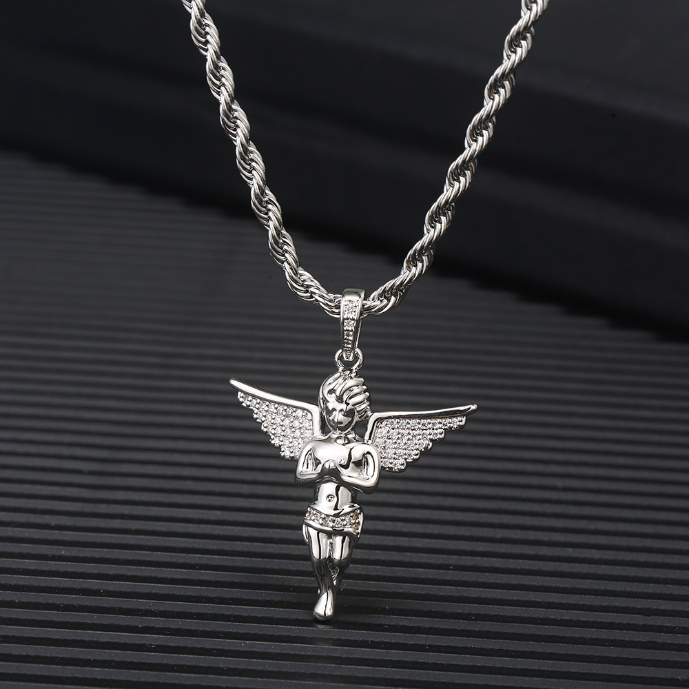 Full Charm White Zirconia Hip Hop Praying Hands Flying Angel Pendant Necklace Jewelry Fairy Crystal Wing Pendants