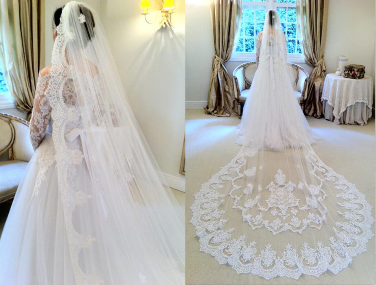 Cheap Wedding Veils Cathedral Length Bridal Veils Appliques Lace Edge White One Layers Custom Made Long Wedding Veil Fast Shipping