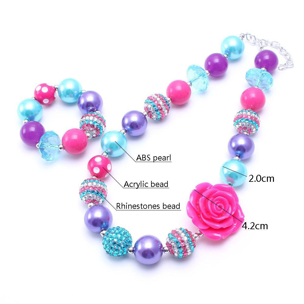 Teal+Hot Pink Kid Chunky Necklace Bracelet Set Big Rose Flower Children Girl Toddler Bubblegum Chunky Bead Necklace Jewelry Set