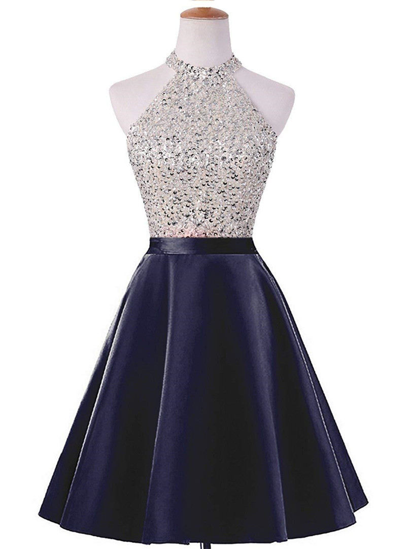 Beaded Homecoming Dress with Halter Neck 2020 Short Prom Dresses Backless Party Gowns Navy Blue Royal Blue Red