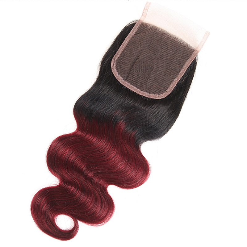 Indian Virgin Hair Two Tone 1B/99J Body Wave 4 Pieces/lot Bundles With 4X4 Lace Closure Middle Three Free Part