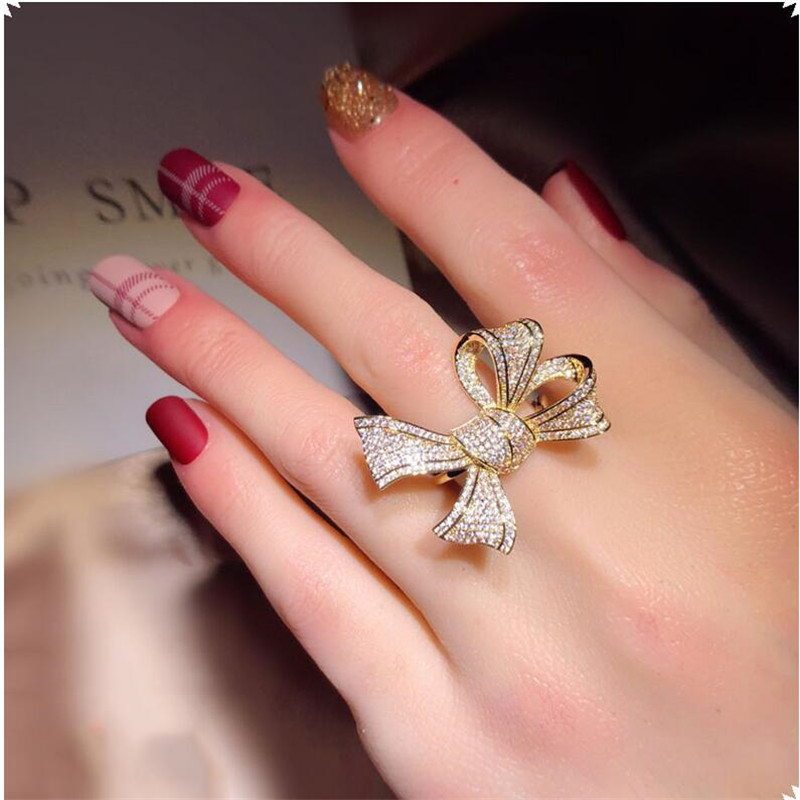 Top Brand Hot Sale Stunning Luxury Jewelry Fine Jewelry 925 Sterling Silver&Gold Fill Pave White Sapphire CZ Diamond Women Wedding Bow Ring