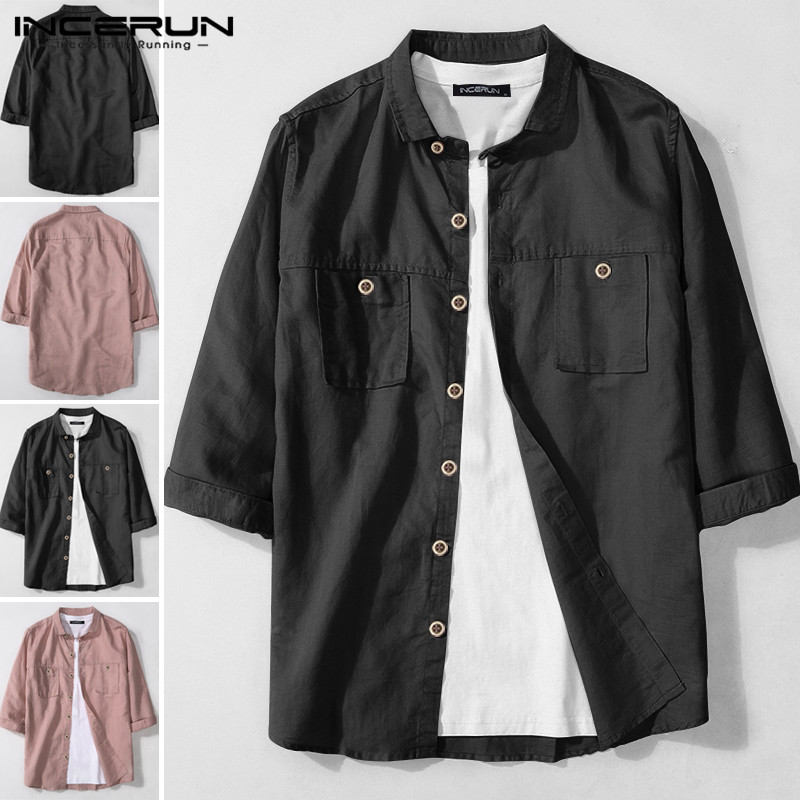 INCERUN Summer Men Casual Shirt Man Fashion Lapel Half Sleeve Shirts Button Streetwear Cotton Camisa Solid Color Chic Blouse 5XL, Black 
INCERUN Summer Men Casual Shirt Man Fashion Lapel Half Sleeve Shirts Button Streetwear Cotton Camisa Solid Color Chic Blouse 5XL, Black
