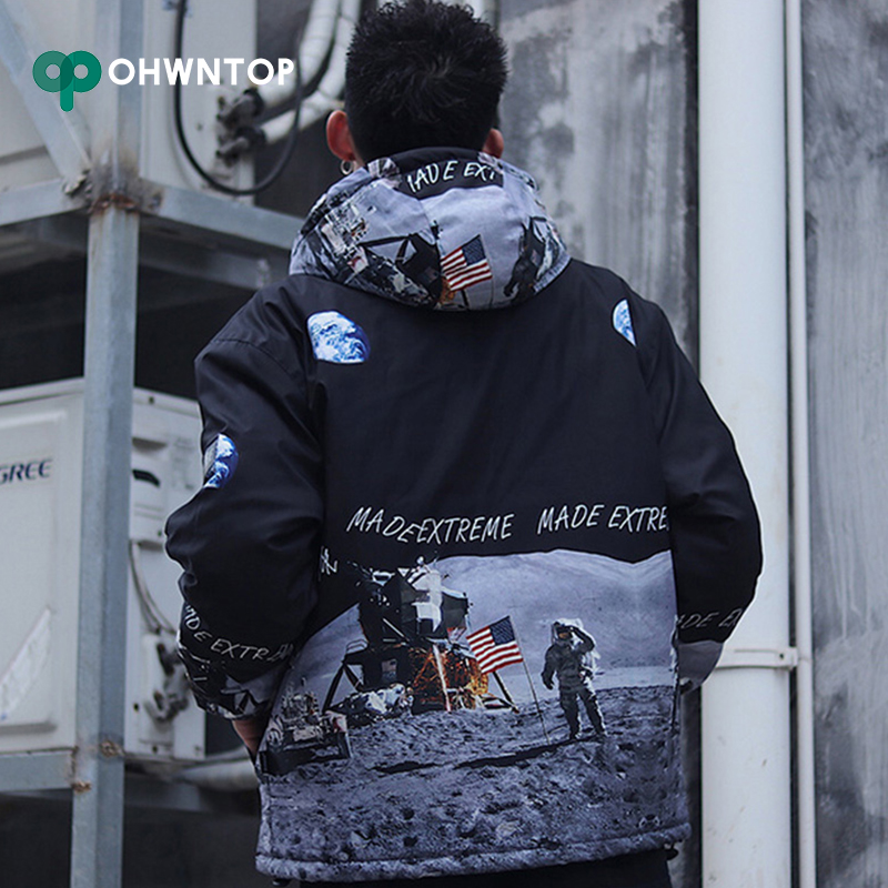 Landing on The Moon Print Jacket Parka Hip Hop Hooded Jacket Harajuku Streetwear Men Windbreaker Kanji Patches Design Outerwear, Black
Landing on The Moon Print Jacket Parka Hip Hop Hooded Jacket Harajuku Streetwear Men Windbreaker Kanji Patches Design Outerwear, Black